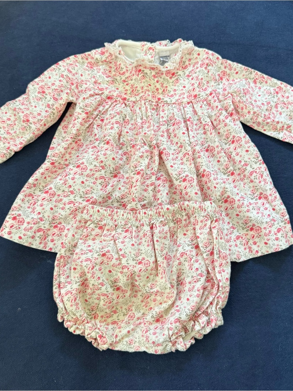 2 pc set Petit Bateau Pink and Cream Floral Dress Matching Bloomers 100% cotton